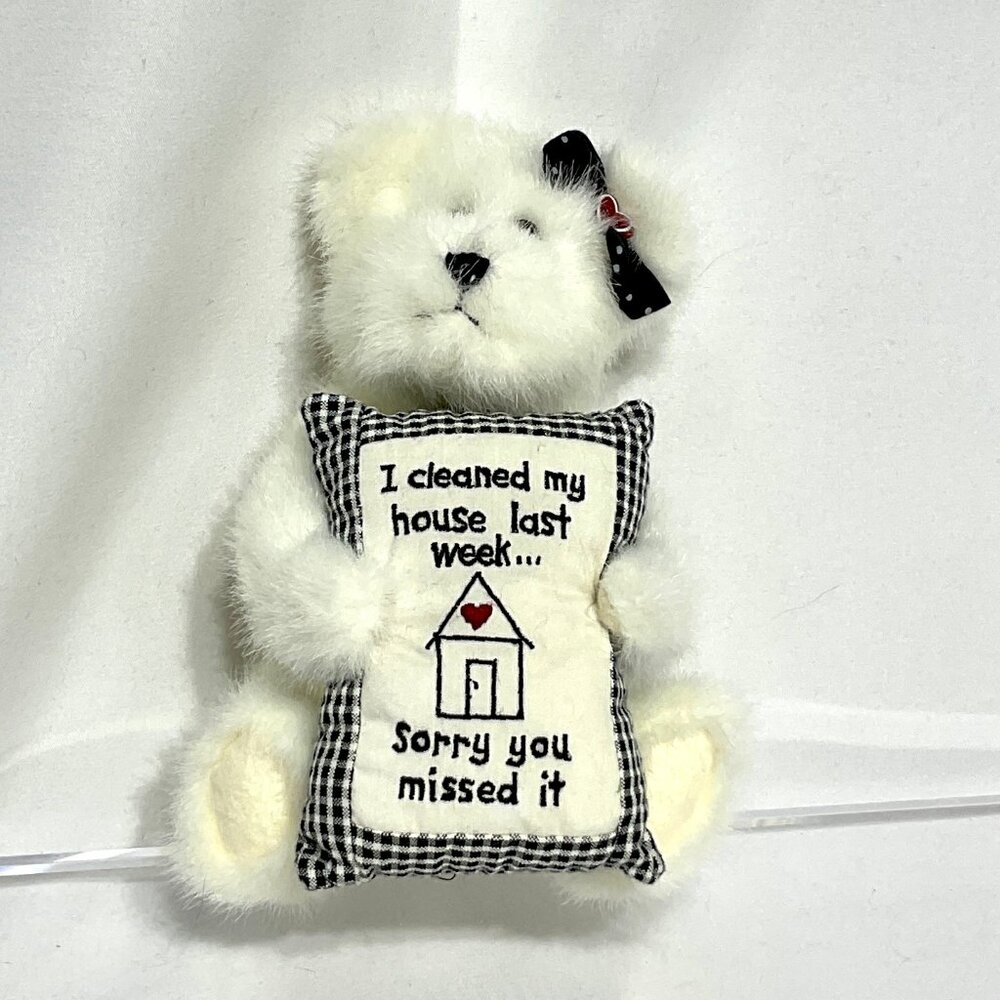 Boyds Bear 8" White Jointed with Embroidered Pillow
